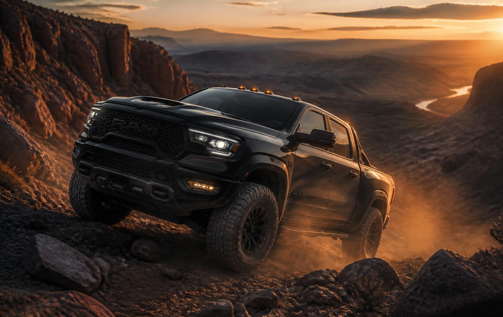 Picape RAM em trilha off-road entre rochas ao pôr do sol